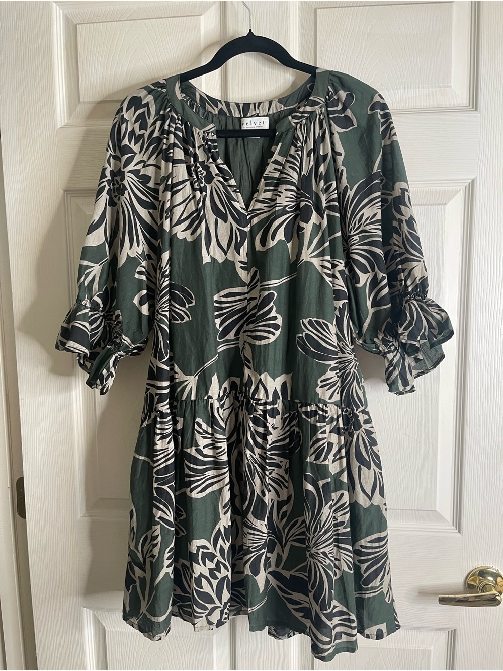 Velvet by Graham & Spencer Olive Green & Cream Floral Mini Dress